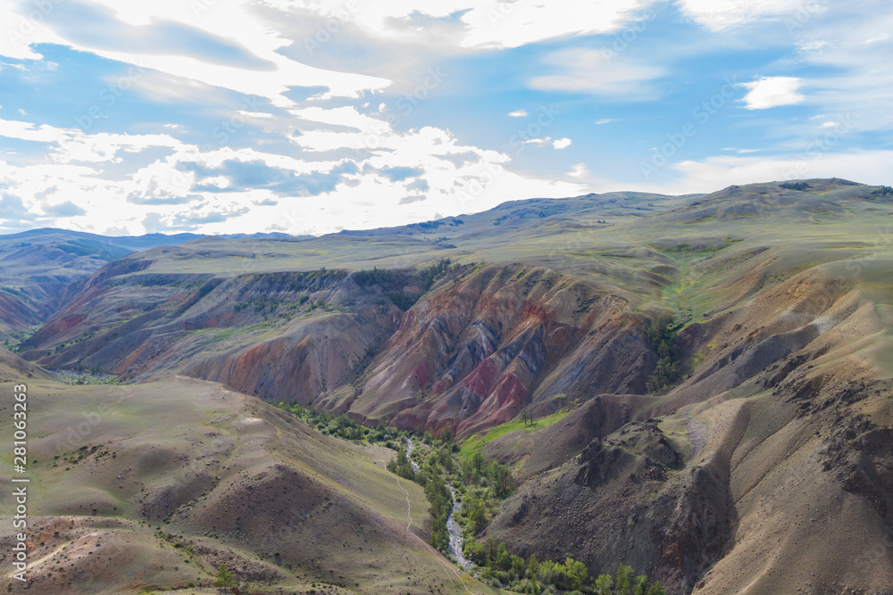 Colorful mountain in Altay. Mars valley in Kizil-Chin. Beautiful lanscape.