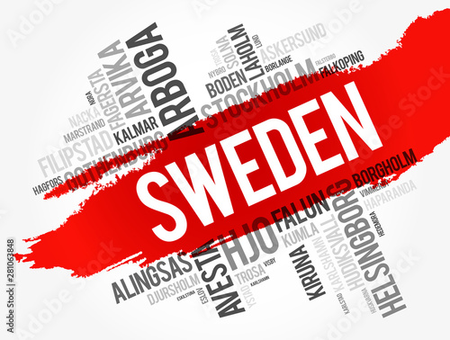 List of cities and towns in Sweden, word cloud collage, business and travel concept background