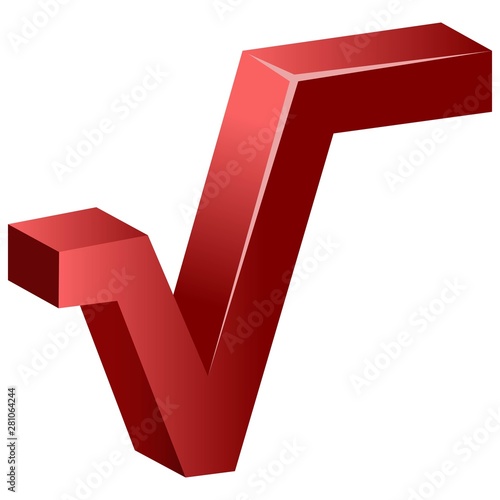 Red math square root sign. Vector icon.