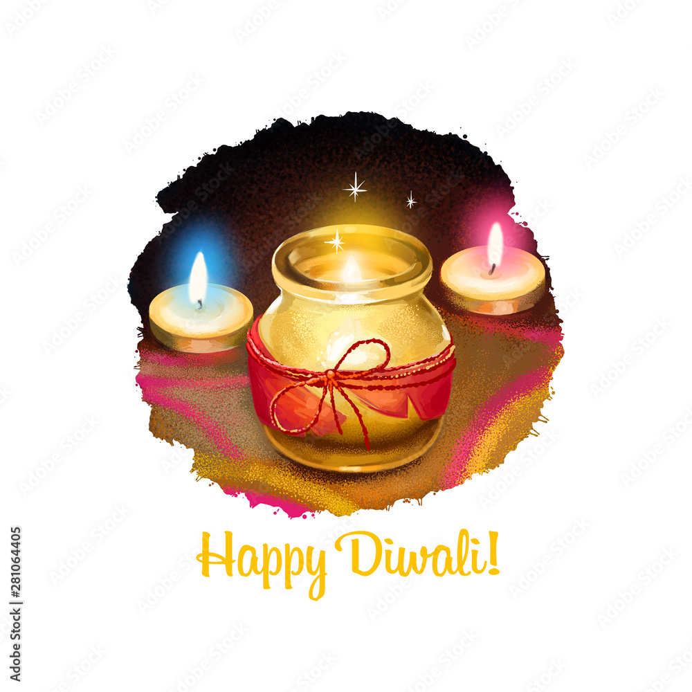 Happy Diwali digital art illustration isolated on white background. Indian festival of lights