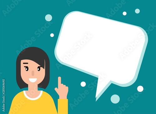 happy girl with big speech bubble. creative teacher, student, helper giving advice .