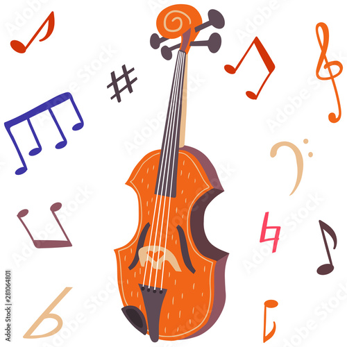 Flat vector illustration of a violin or alto with musical symbols. Warm colors