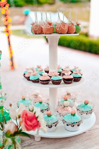 Close-up of multi colored cupcakes on many tier pedestals ready for a picnic, buffet or an away wedding ceremony, selective focus photo