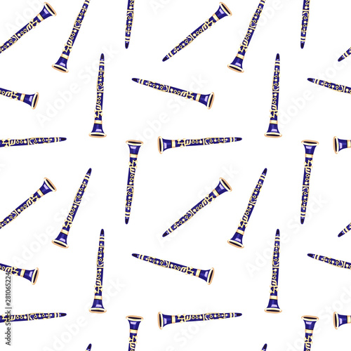 Vector seamless pattern with clarinets. Classical musical instruments. Blue and golden colors. Isolated objects. 