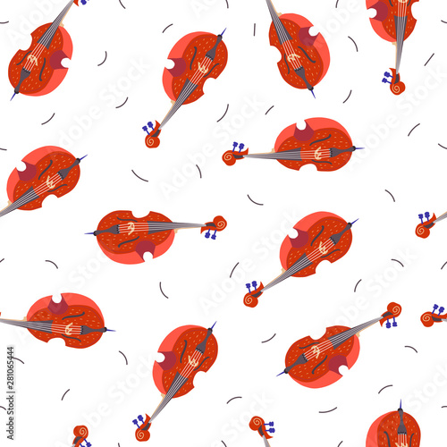 Vector seamless pattern with double bass / contrabass. Classical musical instruments. Warm colors. Isolated objects. 