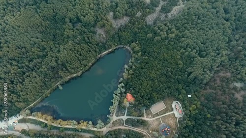 heart shaped lake and forest drone