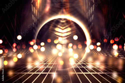 Empty background scene. Golden bokeh  blurred rays. Rays of neon light in the dark  neon figures  smoke. Background of empty stage show. Abstract dark background.