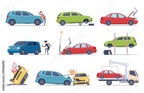 Accident on road. Car damaged vehicle insurance transportation theif repair service traffic vector pictures collection. Illustration of crash vehicle, damage auto