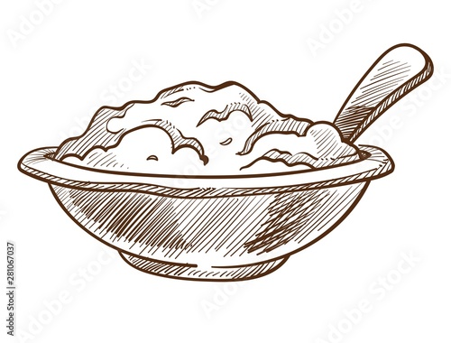 Porridge in bowl with spoon isolated sketch healthy nutrition