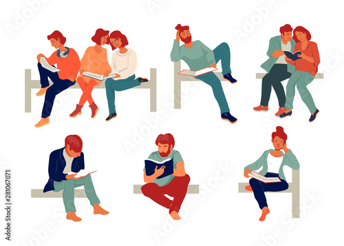 Diverse people reading books, studying and education concept. Set of flat vector illustration isolated on white background for book stores and festivals or fairs.