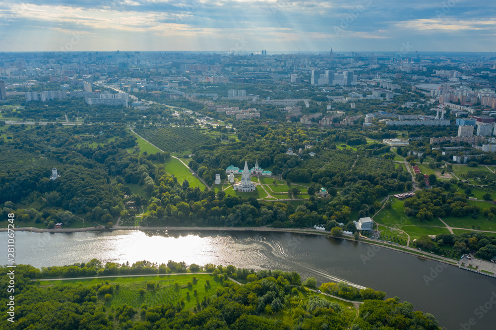 Obraz premium Church of the Ascension in Kolomenskoye park in summer (aerial view), Moscow, Russia.