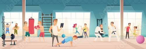 Gym interior. Inside of fitness center workout sport simulators lifestyle body ball bicycle for cardio vector background. Illustration of workout training, physical sport, art martial