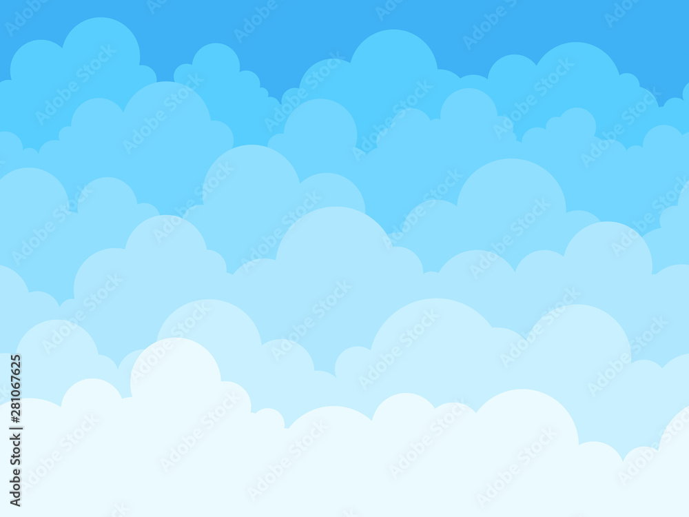 Cloud sky cartoon background. Blue sky with white clouds flat poster or flyer, cloudscape panorama pattern vector seamless texture Cloud sky cartoon background. Blue sky with white clouds flat poster or flyer, cloudscape panorama pattern vector seamless texture