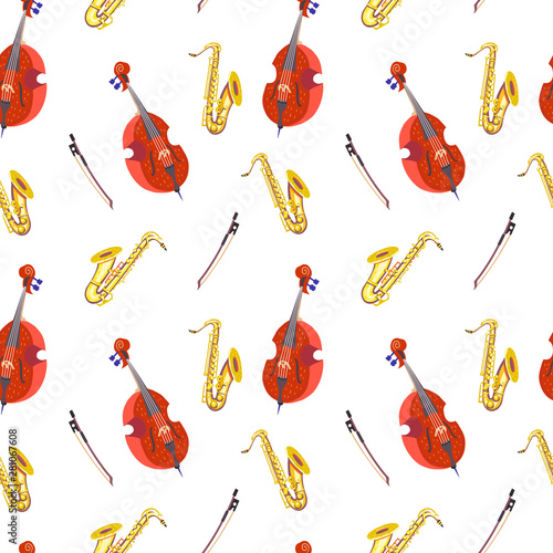Vector seamless pattern with double bass (contrabass) and saxophones. Classical musical instruments. Warm colors. Isolated objects. 
