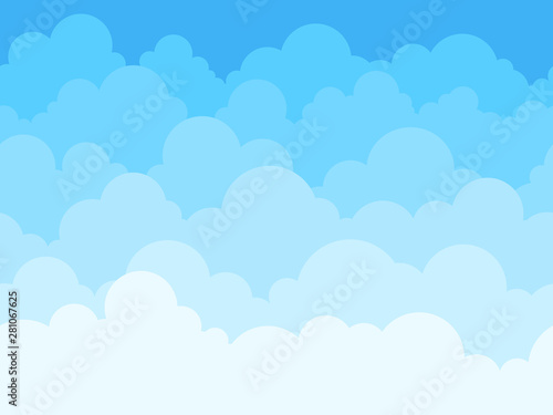 Cloud sky cartoon background. Blue sky with white clouds flat poster or flyer, cloudscape panorama pattern vector seamless texture