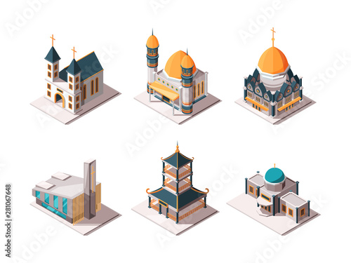 Religion buildings. Islamic mosque arabic architectural objects lutheran catholic christian religion landmarks vector isometric. Christianity and catholic cathedral, muslim religious illustration