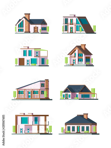 Modern cottages. Villa new living home residence townhouse vector flat collection. Illustraion of facade house, apartment construction architecture