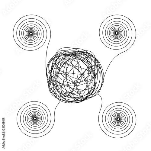 Four accurate spirals flowing from chaotic ravel of thin black lines on white