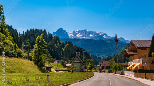 Beautiful alpine view with a chapel near the famous Dachstein summit, Schladming, Steiermark, Austria