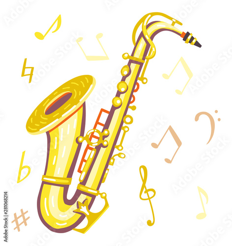 Flat vector illustration of a saxophone with musical symbols. Warm and golden colors