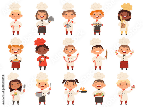 Cooking childrens. Little funny laugh kids making food profession chef vector boys and girls. Girl and boy funny cook delicious food illustration