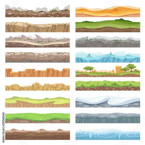 Gaming floor. Asset texture different ground from stones ice dirt landscape seamless vector background. Snow and earth foreground for game illustration
