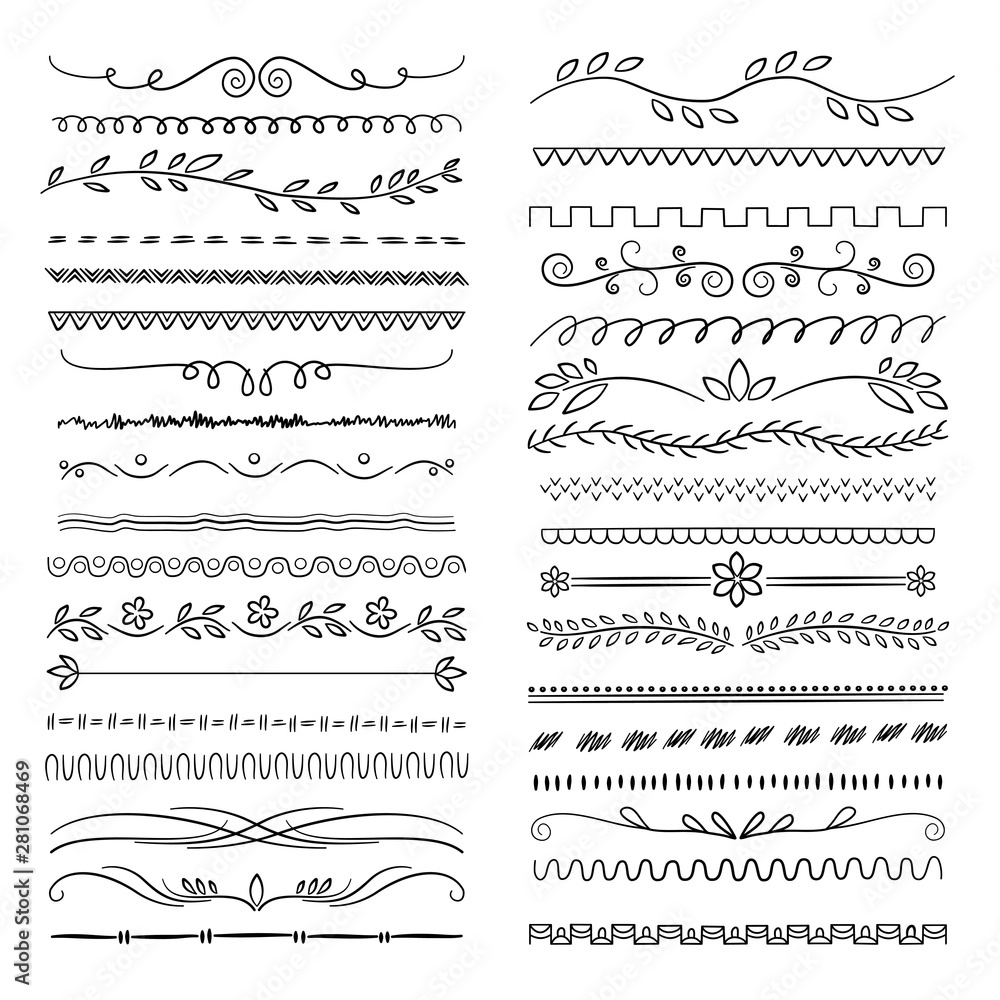 Hand drawn lines. Floral scribble ornamental web dividers wedding doodle vector decoration. Illustration of stroke border, sketch hand scribble