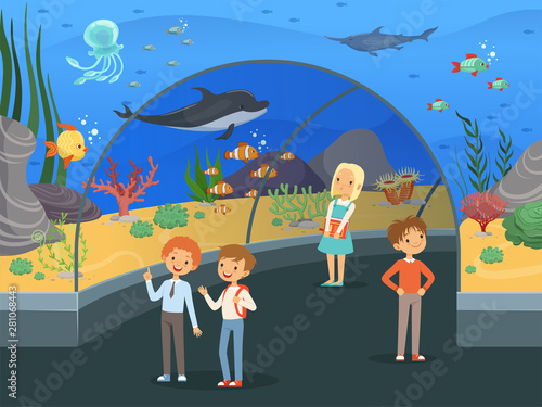 Kids in aquarium. Family walk thru underwater museum with fishes and algae big aquarium tank vector background. Underwater aquarium, sea fish in oceanarium glass illustration