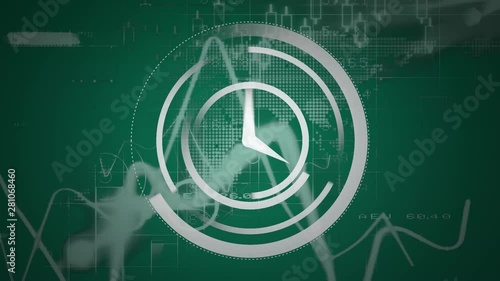 Moving white clock and charts on green background photo