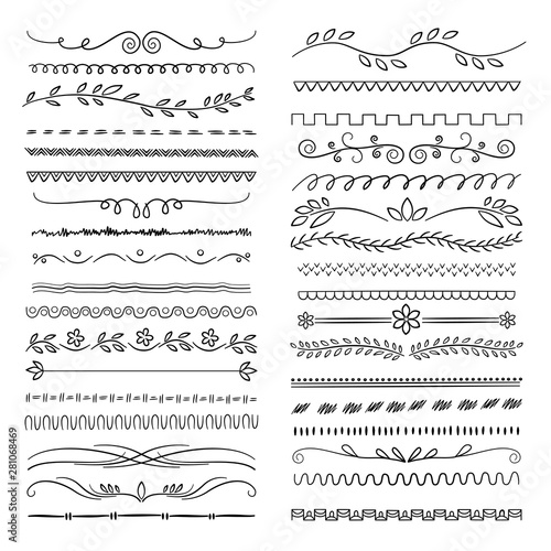 Hand drawn lines. Floral scribble ornamental web dividers wedding doodle vector decoration. Illustration of stroke border, sketch hand scribble