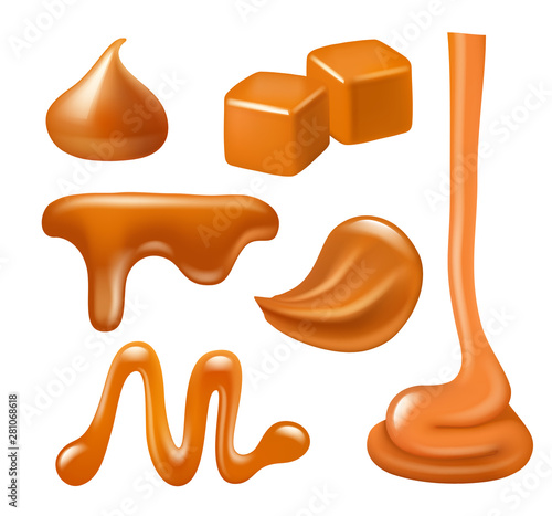 Caramel drops. Liquid candies and sweets splashes spread peanuts food syrup vector realistic collection. Caramel food liquid, sweet drip dessert illustration