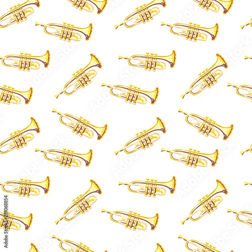 Vector seamless pattern with trumpets. Classical musical instruments. Warm and golden colors. Isolated objects.