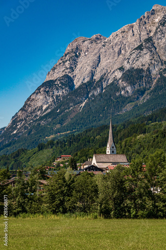 Beautiful alpine view with a church near the famous Tennengebirge, Werfen, Salzburg, Austria