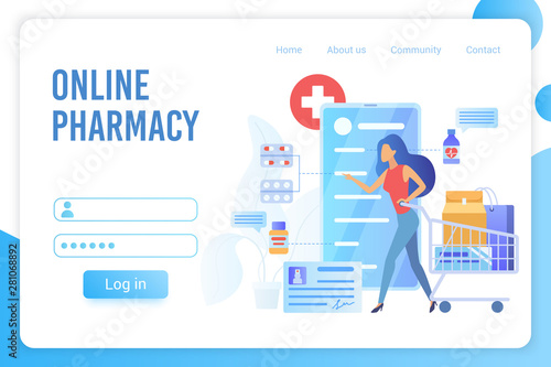 Online pharmacy flat vector landing page template. Drugstore Internet order delivery website homepage concept. Buyer purchasing medications and drugs online web banner cartoon layout