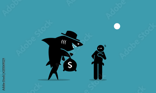 Loan shark and a poor man. Vector artwork depicts a loan shark trying to lend money to a person that has financial difficulties. The man is hesitated and unsure if he want to borrow the money.