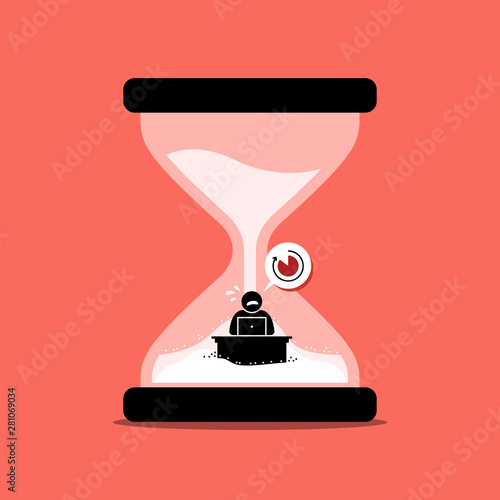 Man rushing his office work inside a sand clock or hourglass representing deadline. Vector artwork concept depicts stress, no time, desperation, urgency, and due date.