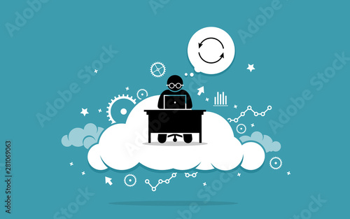 Man working with computer on the cloud. Vector artwork depicts cloud computing, data sync or information synchronization using cloud computing technology. Concept of internet technology and online.