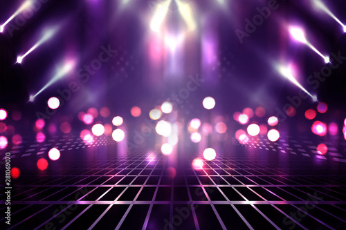 Empty background scene. Ultraviolet light, bokeh, blurred rays. Rays of neon light in the dark, neon figures, smoke. Background of empty stage show. Abstract dark background. photo