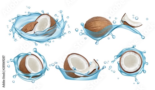 Coconut water set. Vector realistic coconuts and water splashes isolated on white background. Illustration of coconut tropical, healthy fruit exotic