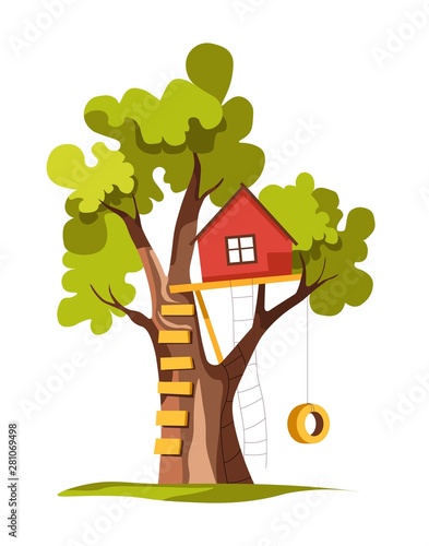 House on tree with ladder and swing playground or backyard isolated plant
