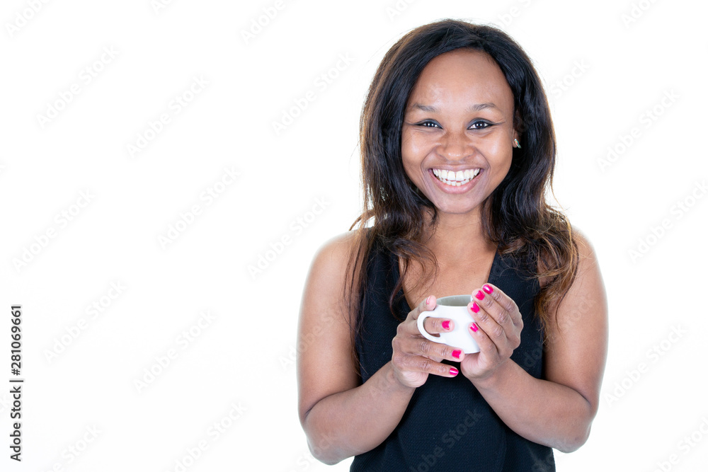 Smiling young african woman in white background copy holding cup of tea coffee mug Smiling young african woman in white background copy holding cup of tea coffee mug