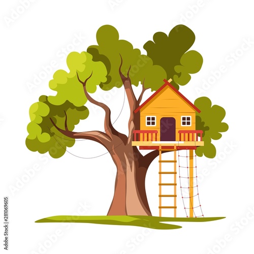 Treehouse house on tree with ladder playground isolated plant