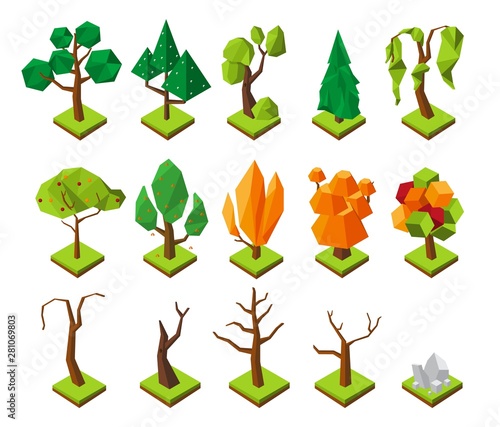 Polygonal isometric trees. Vector low poly trees without foliage, 3D summer and autumn forest elements. Illustration of tree polygonal isolated