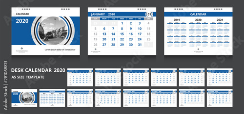 2020 calendar. Set desk calendar for template corporate design. Week start on Sunday.