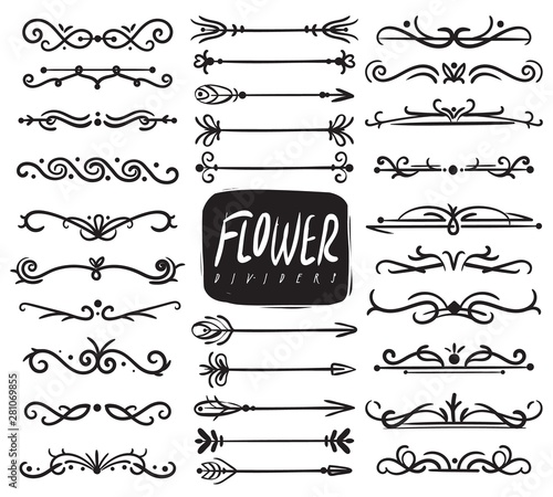 Flower ornament dividers. Ornamental divider and sketch leaves ornaments, decorative arrows, drawn vine borders. Vector collection