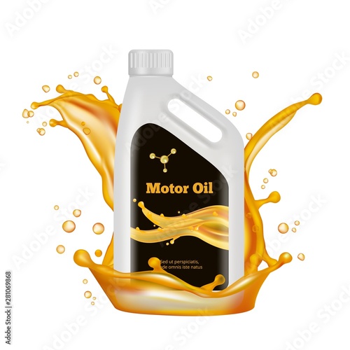 Engine oil bottle. Vector gold oil splashes isolated on white background. Illustration of oil bottle for engine car, industry lubricant for motor