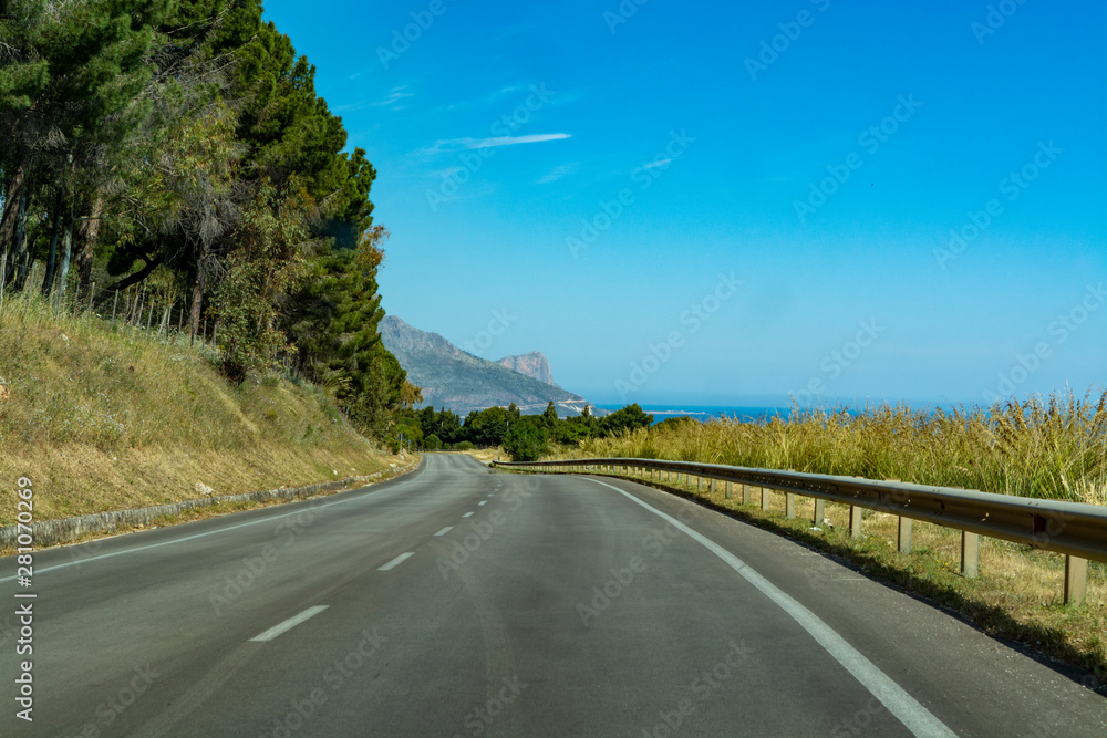 Driving on Sicily, road to National nature reserve Zingaro