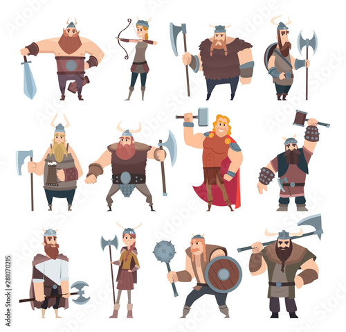 Viking cartoon. Scandinavian mythologyy characters norway costume vikings warrior male and female vector illustrations. Viking and warrior, norway scandinavian people