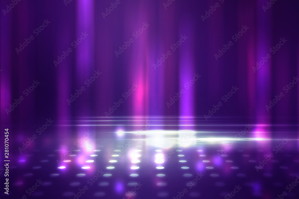 Empty background scene. Ultraviolet light, bokeh, blurred rays. Rays of neon light in the dark, neon figures, smoke. Background of empty stage show. Abstract dark background.