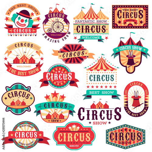 Circus labels. Vintage carnival show, circus signboard. Entertaining event festival. Paper invitation banner, arrow vector stickers photo